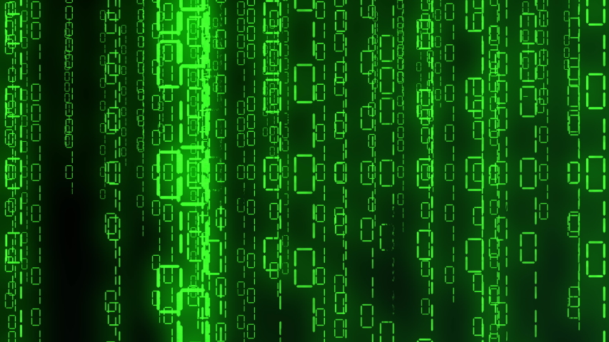The Matrix style binary code. The camera moves through falling numbers ...