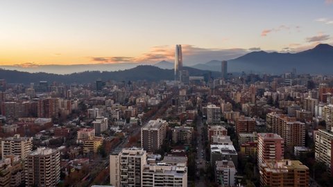 Aerial timelapse of downtown Santiago de Chile near sunset