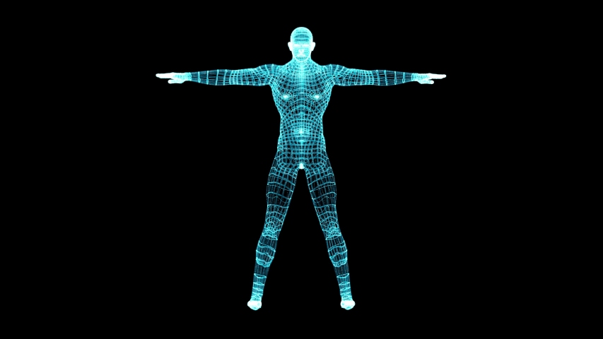Human body low poly wireframe. Futuristic scan set, human hologram, body x-ray, 3d model in HUD style. Polygonal wireframe mesh with scattered particles and light effects on dark background.