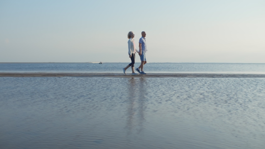 Happy mature couple in love walking and holding hands at sea shore. Loving retired man woman relaxing at ocean beach walking on sand island enjoying vacation together