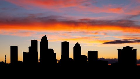 Tampa: Time Lapse at Twilight with Colourful Sky and Dark Silhouette of Downtown, Florida, USA