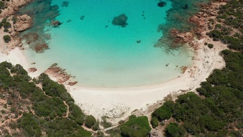 AERIAL VIEW OF THE FAMOUS PINK BEACH IN THE ISLAND OF BUDELLI, ARCHIPELAGO OF MADDALENA, SARDINIA