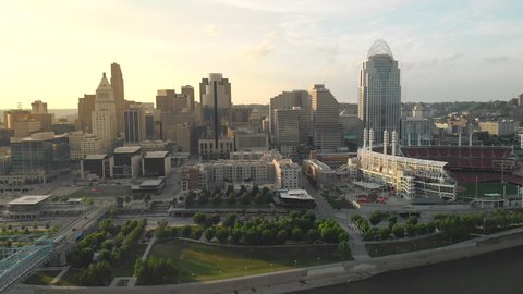Aerial view of John A. Roebling Suspension Bridge over the Ohio River and downtown Cincinnati skyline