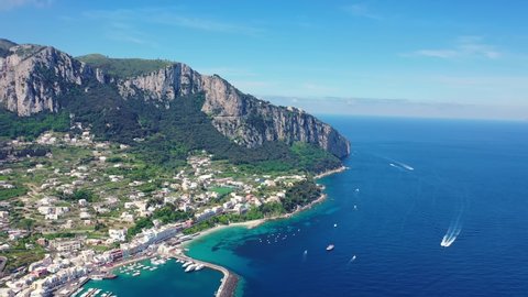 Aerial view of the Gulf of Naples, Capri and blue sea in Italy, resort and ocean