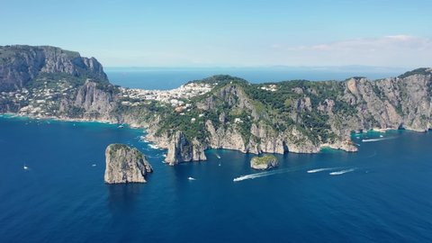View of Capri from the sea, aerial view of Italian Gulf of Naples, Tyrrhenian Sea and islands