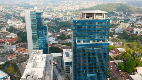 aerial view of tow cristal blue buildings in Tegucigalpa, Honduras