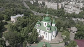 Kyiv. Ukraine: St. Cyril Church in Kyiv. Ukraine. Aerial view. Flat, gray