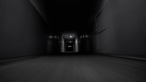Abandoned Destructed Long Corridor Tunnel Tracking Motion POV Scary Hospital or Laboratory Point of View of Walking Down