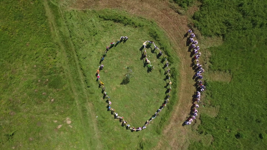 Top view of the huge ring of people dance around a tree. Feast of Ivan Kupala. 