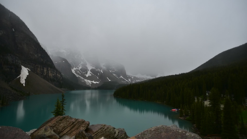A timelapse movie of the Moraine Lake at foggy time.   Banff National Park   AB  Canada