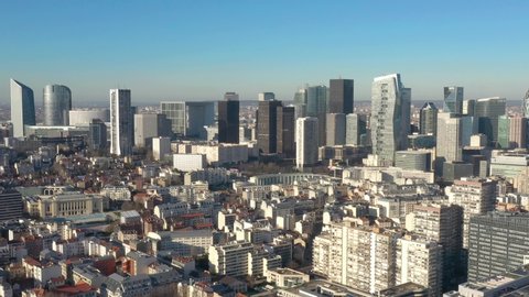 Paris La Defense / France - May 2020: Modern parisian business district "French Manhattan", drone aerial view