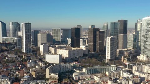 Paris La Defense / France - May 2020: Modern parisian business district "French Manhattan", drone aerial view