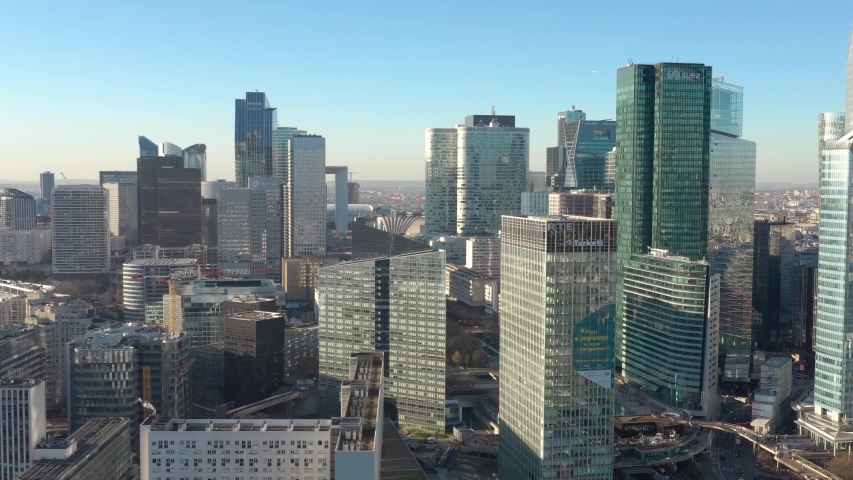 Modern La Defense parisian business district "French Manhattan", drone aerial view Royalty-Free Stock Footage #1055403230