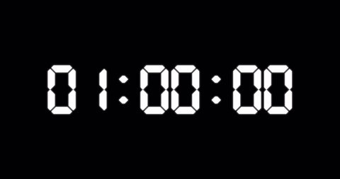One minute countdown timer of glowing led electronic white digits on black background
