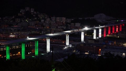 Construction site of new bridge of Genoa designed by Renzo Piano. Genoa, Italy - June 2020