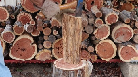 Splitting kindling wood from a Cedar log for the Wood Stove