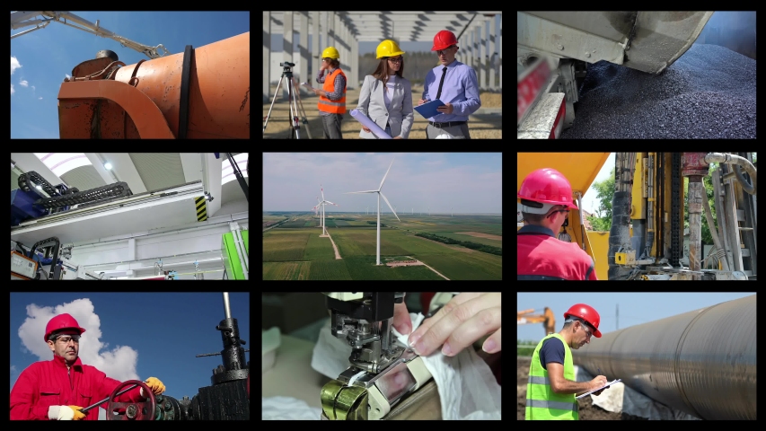 Industrial Multi Screen Conceptual Video. Collage of Video Clips Showing People of Different Professions at Work. Professional Occupations - People At Work. Industrial-Media Wall. Industrial Montage. Royalty-Free Stock Footage #1055417060