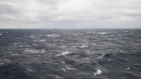 Panoramic Open Sea View with Big Waves on Cloudy Day with Strong Winds