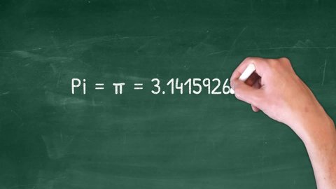 Pi is written on a school board with chalk by animated hand. First ten digits of pi.