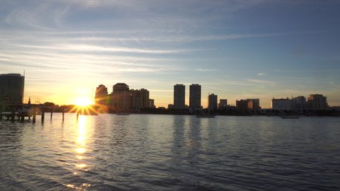 West Palm Beach, Florida. Panoramic city skyline on beautiful sunset