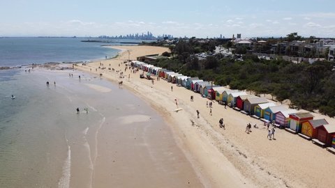 Melbourne, Australia - Drone footage of Bathing Boxes at Brighton Beach in Melbourne