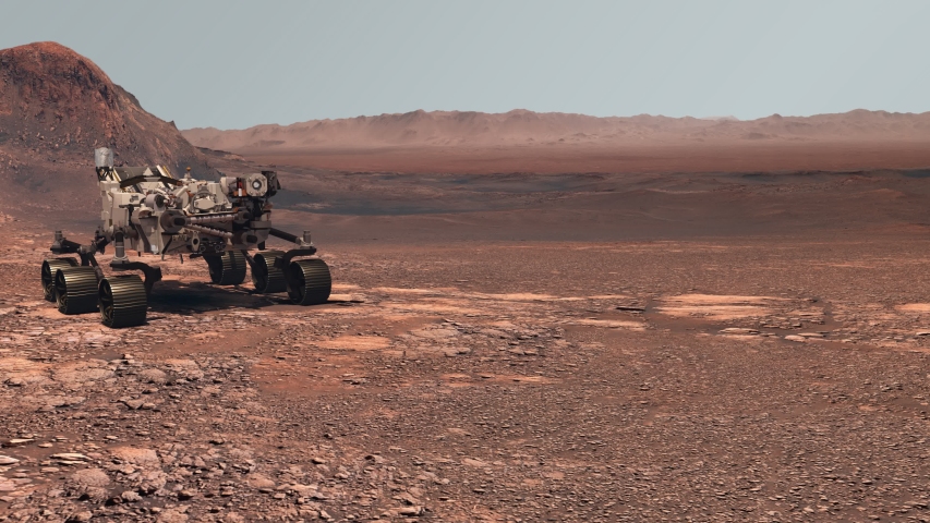 Mars. The Perseverance rover deploys its equipment against the backdrop of a true Martian landscape. Exploring Mission To Mars. Colony on Mars. Elements of this video furnished by NASA. 3d rendering Royalty-Free Stock Footage #1055430023
