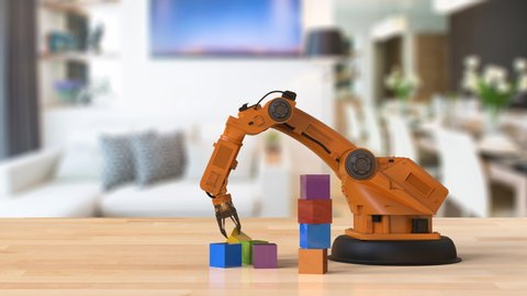 3d rendering robotic arm arrange toy blocks in house 4k animation