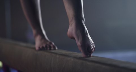 Feet Of Female Gymnast Closeup On A Balance Beam In The Gym Active Living Balance Concentration Gymnastics Competitive Mindset Concept 4k