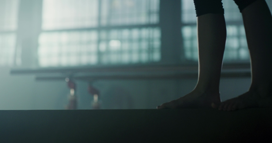 Legs Of Woman Gymnast Walking Gracefully On Balance Beam Closeup In The Gym Physical Strength Motivation Gymnastics Competitive Mindset Concept 4k