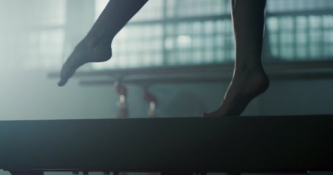 Legs Of Woman Gymnast Walking Gracefully On Balance Beam Closeup In The Gym Physical Strength Motivation Gymnastics Competitive Mindset Concept 4k