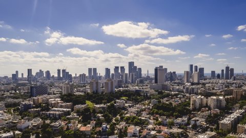 Business city center of Tel Aviv, Israel:  4k aerial drone skyline view hyper lapse