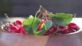 Ripe cherries in a wooden plate rotates in the rays of the setting sun. Selective focus. Hd video clip