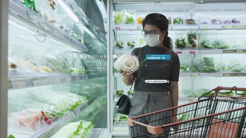 Woman with mask VR shopping in supermarket, smart glasses AR technology show nutrition data futuristic info. Future IoT big data , cloud data technology augmented reality 5G online internet lifestyle