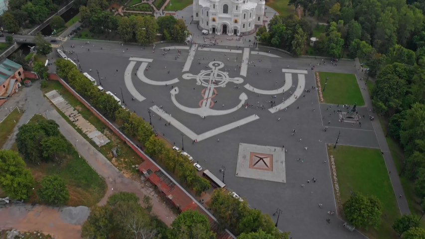 Beautiful top view of Kronshtadt Naval Cathedral of St. Nicholas on a sunny summer day. Built in 1903-1913 as the main church of Russian Navy and dedicated to all fallen seamen. St Petersburg Russia.