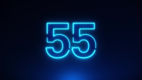 Blue Neon Light 60 Seconds Countdown on black background. Running dynamic light. Timer from 60 to 0 seconds. 1 minute countdown. 30 or 10 seconds. Big 3D Numbers animated for intros