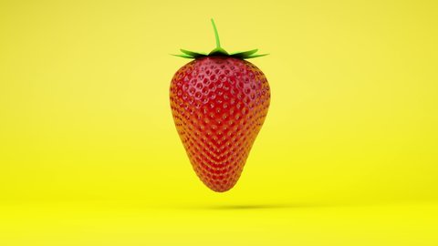 3D animation - Strawberry floating in loop on yellow background
