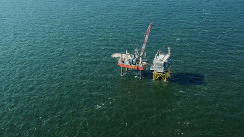 WS AERIAL POV Construction of offshore transformer for new wind farm / Domburg, Zeeland, Netherlands