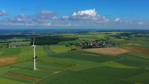 AERIAL WS Wind turbines and fields in Windpark / Saargau, Kirf, Rhineland-Palatinate, Germany