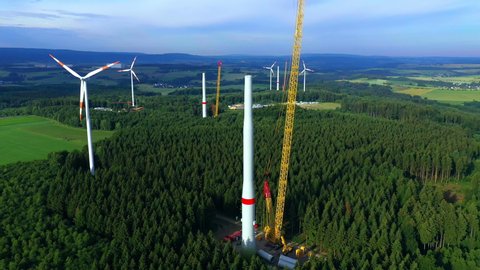 AERIAL WS Wind turbines under construction in Windpark / Morbach, Hunsrueck, Rhineland-Palatinate, Germany