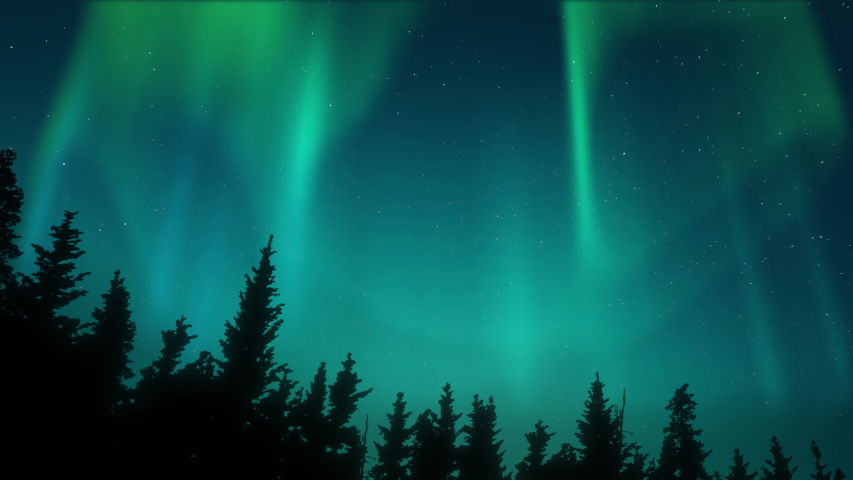 Northern or polar light Time lapse 4K video. Bright realistic Aurora Borealis. Spectacular landscape. Tree silhouettes on the front. Scandinavian forest. Night starry sky. Solar wind atmosphere effect | Shutterstock HD Video #1055476244