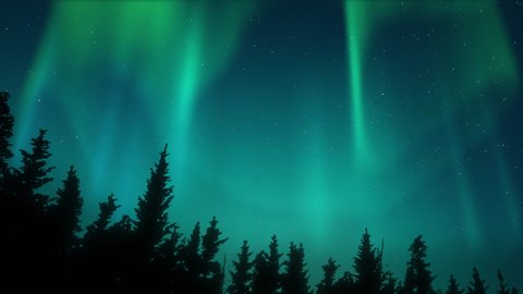 Northern or polar light Time lapse 4K video. Bright realistic Aurora Borealis. Spectacular landscape. Tree silhouettes on the front. Scandinavian forest. Night starry sky. Solar wind atmosphere effect