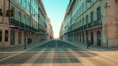 Lisbon , Lisbon / Portugal - 05 17 2020: Lisbon empty downtown streets at sunrise during covid pandemic