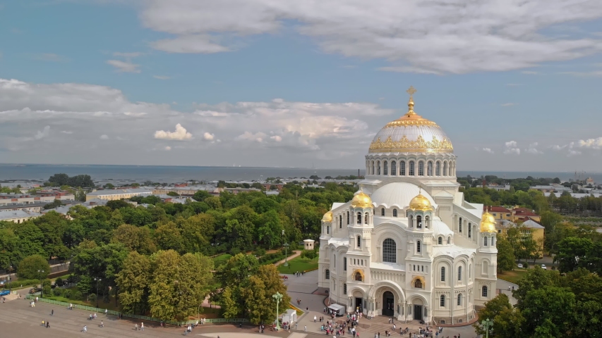 Beautiful top view of Kronshtadt Naval Cathedral of St. Nicholas on a sunny summer day. Built in 1903-1913 as the main church of Russian Navy and dedicated to all fallen seamen. St Petersburg Russia.