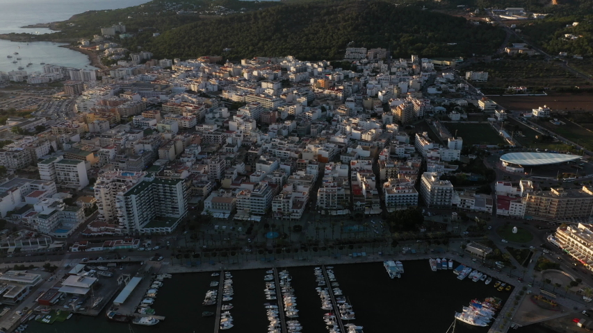 Aerial view of San Antoni de Portmany harbor at sunset. Ibiza, Balearic Islands, Spain.