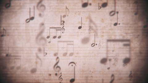 Vintage sheet music notation manuscript with staff lines and gently moving musical notes. This retro, grunge styled motion background is a seamless loop.