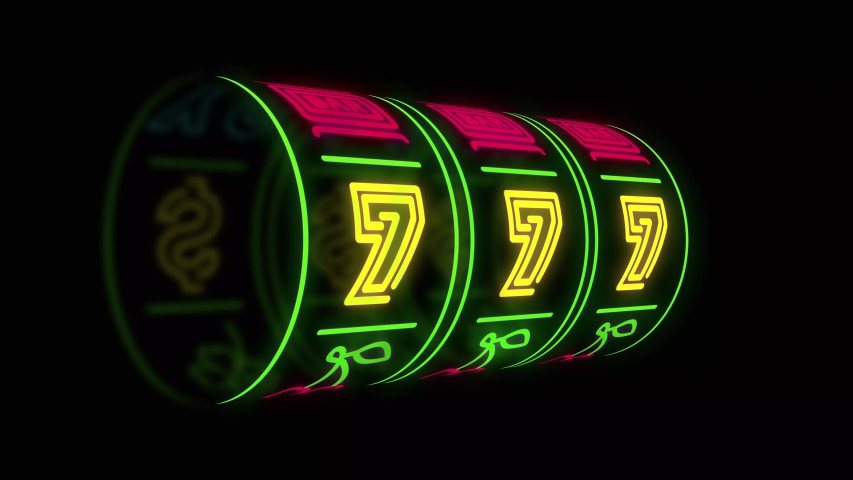 neon casino slot machine spinning, money flying after win combination and text you win Royalty-Free Stock Footage #1055520944