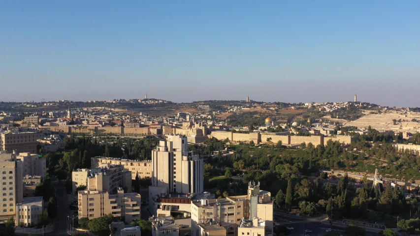 The old city of Jerusalem walls at sunset, aerial view
old city, Jerusalem, Montefiore Windmill,golden dome of the rock, drone
