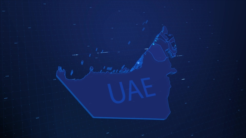 A stylized rendering of the United Arab Emirates   map conveying the modern digital age and its emphasis on global connectivity among people Royalty-Free Stock Footage #1055531540