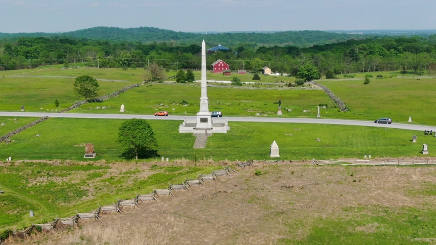 Gettysburg National Military Park monuments, aerial drone push-in of famous American Civil War battlefield