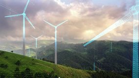 Futuristic Technology Concept. Aerial View of Wind Turbines Energy Production. Digital Network Over Ecology Safe Alternative Energy Source. Renewable energy production for green ecological world - Powered by Shutterstock - Get 15% off with code: PIKWIZARD15